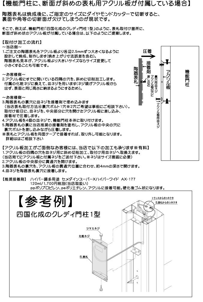 陶器表札取付け方法⑫機能門柱に断面が斜めの表札用アクリル板に陶器表札を接着する