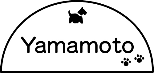 【凸型・浮き出し文字 陶器表札】 犬のシルエットと足跡のデザインのオーダー表札です。半円 K64 サイズ：約80×175×7mm　白黒版下レイアウト図