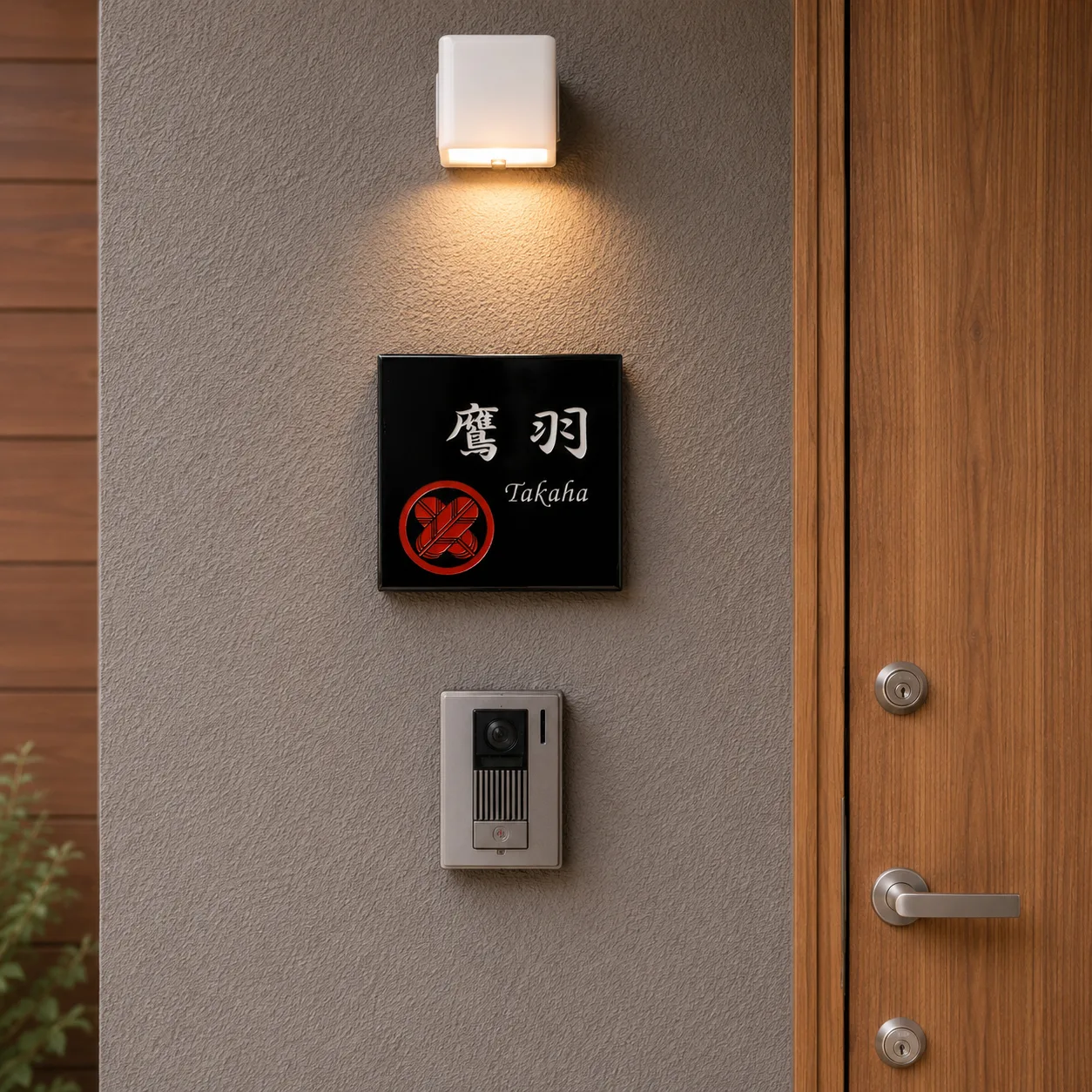 ナチュラルモダン、木目調住宅に合う表札 sqh2-t家紋正方形伝統シングル左下